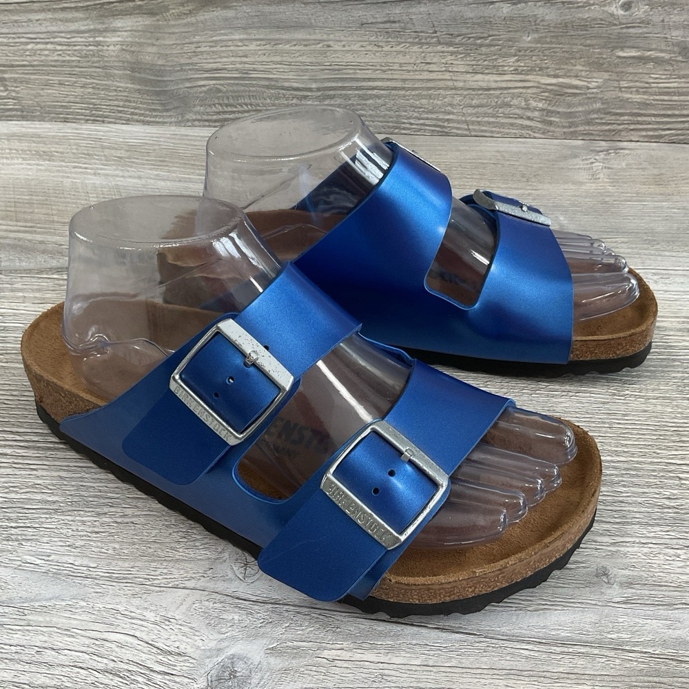 Birkenstock Arizona Birko Womens Size 6 US 37 Blue Patent Leather Double Strap